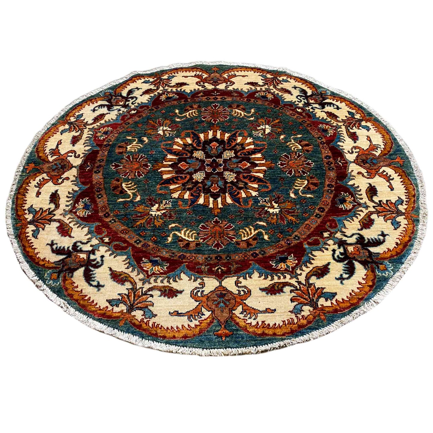 Blaugrüner & Beiger Runder Kazak Teppich, 150x145 cm - German Carpet Shop