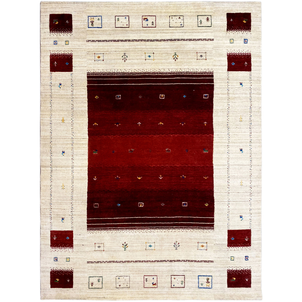 Loom Luri Teppich, cremefarbener Rahmen mit rotem Quadrat in der Mitte und Eckfeldern