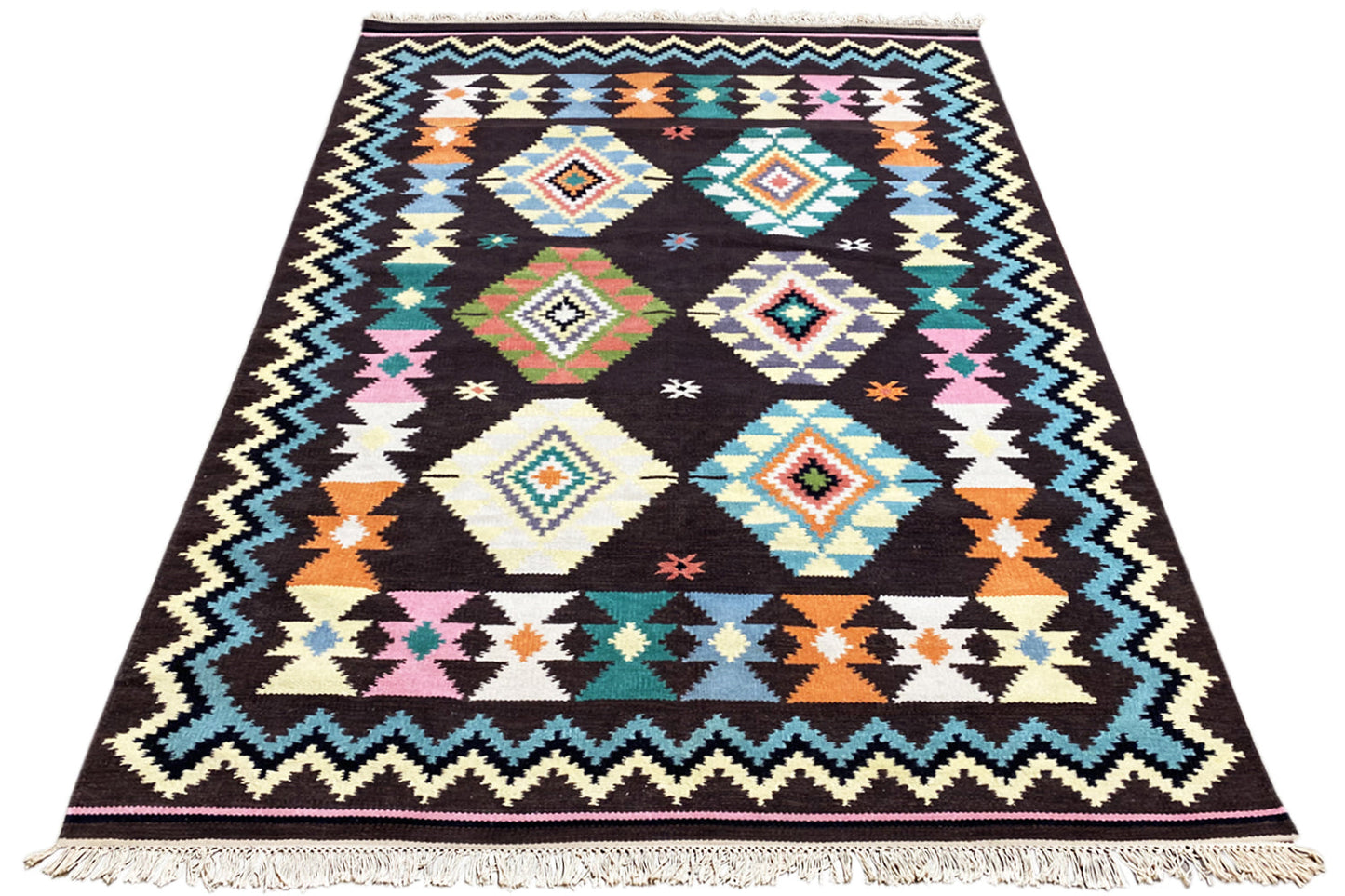 Handgewebter Wollen Kelim Dhurrie Teppich - 240x170cm (8x6ft) - Lebhaftes Tribal-Muster - German Carpet Shop