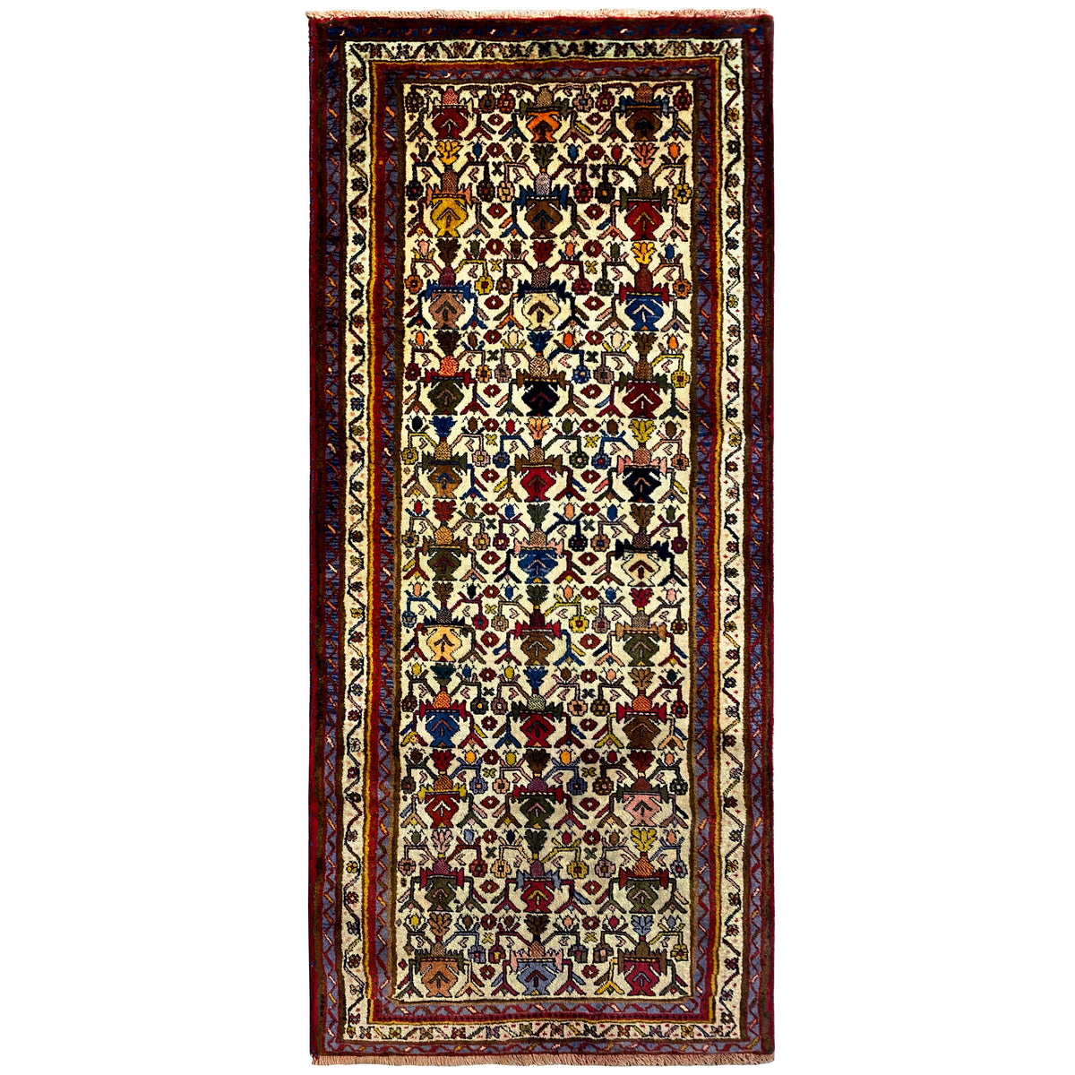 Tappeto Sirjan con bordura rossa e motivo ornamentale multicolore su fondo chiaro