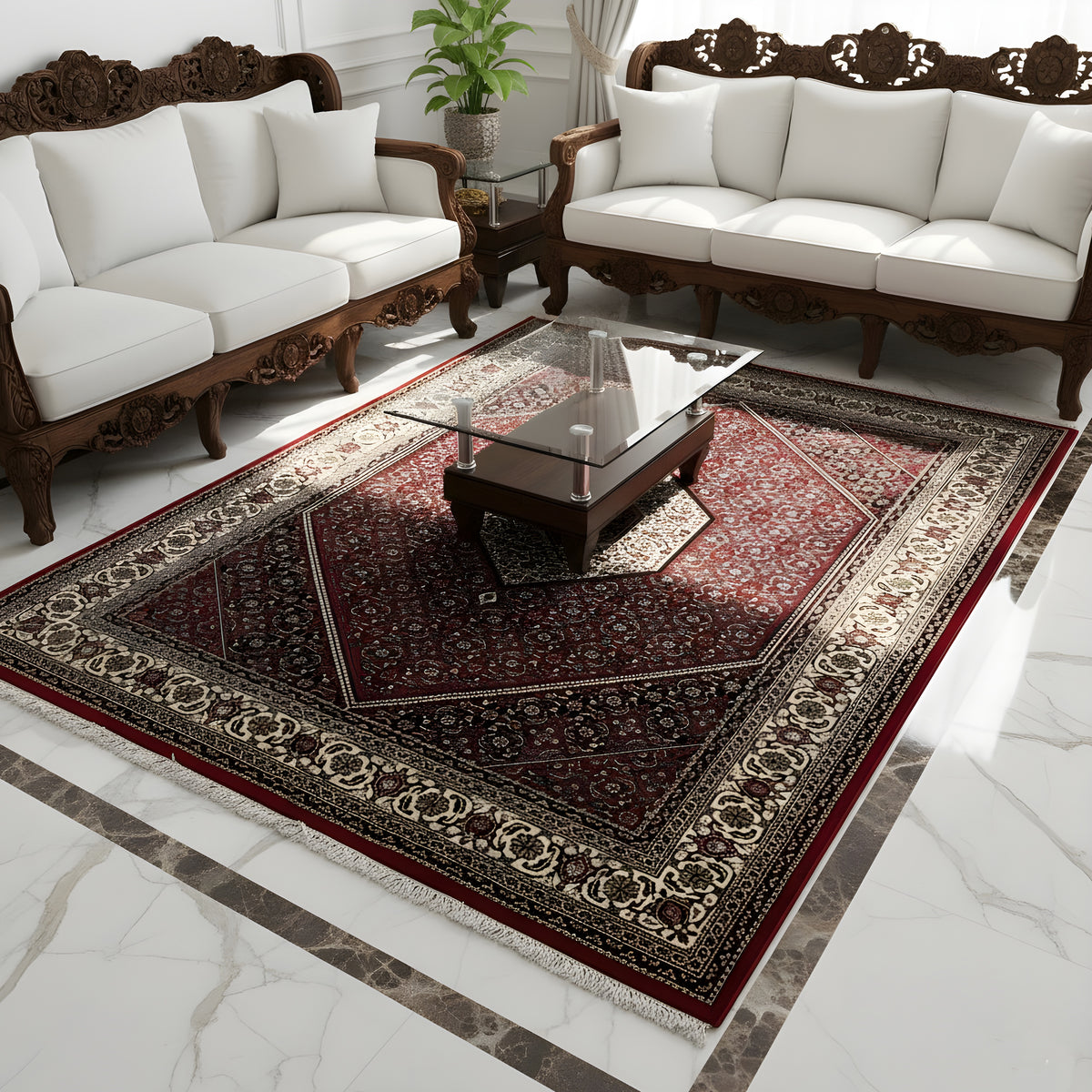 Tappeto rosso con motivo ornamentale a rombi e bordo a contrasto, ca. 244x173 cm