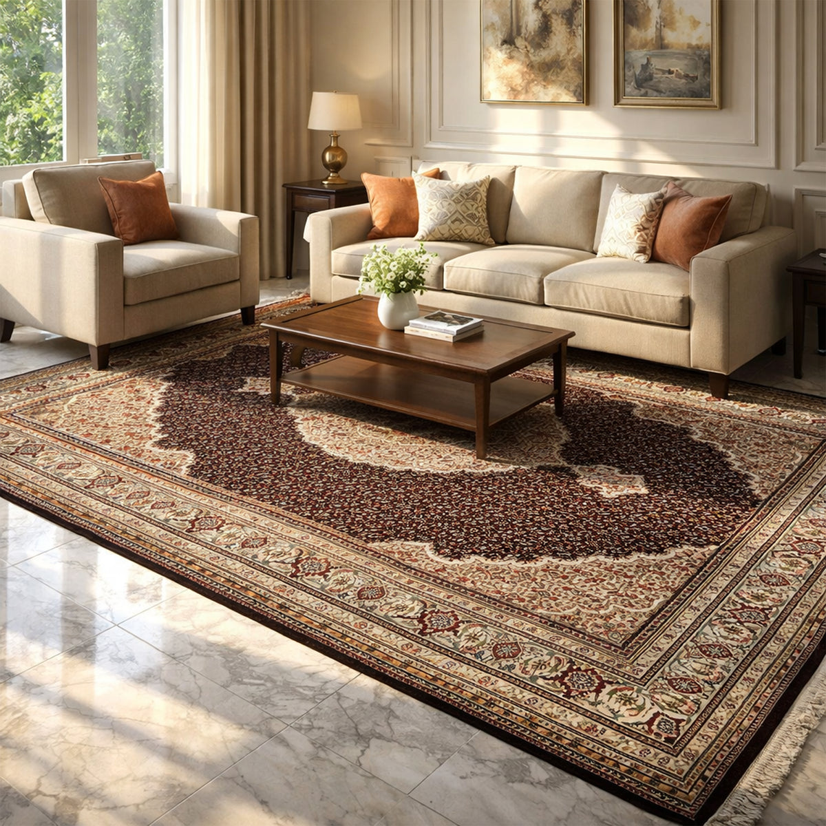 Tappeto persiano Indo-Tabriz marrone, piatto nel soggiorno, con medaglione centrale e bordure