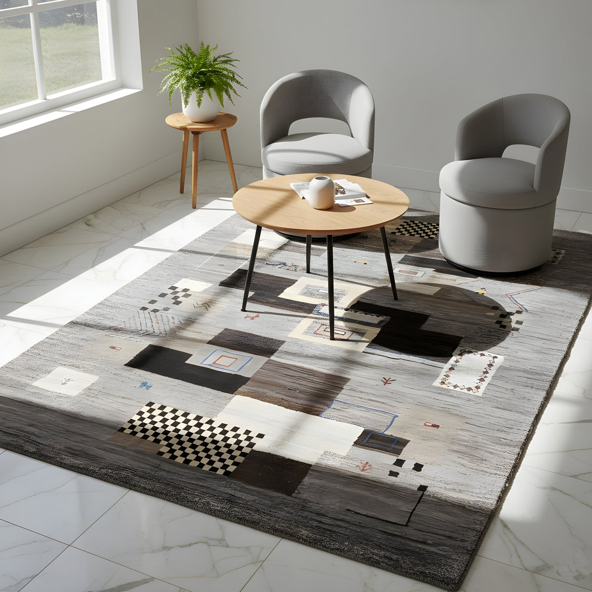 Tappeto Gabbeh 235x171 cm, grigio chiaro con motivi a blocchi neri e beige