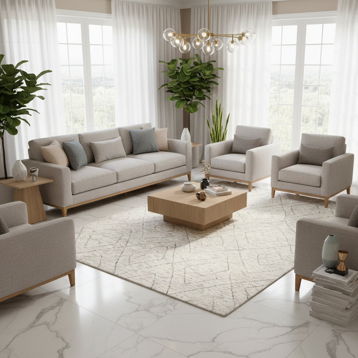 Tappeto berbero con motivo geometrico a linee in beige chiaro e grigio, ambientato in un soggiorno