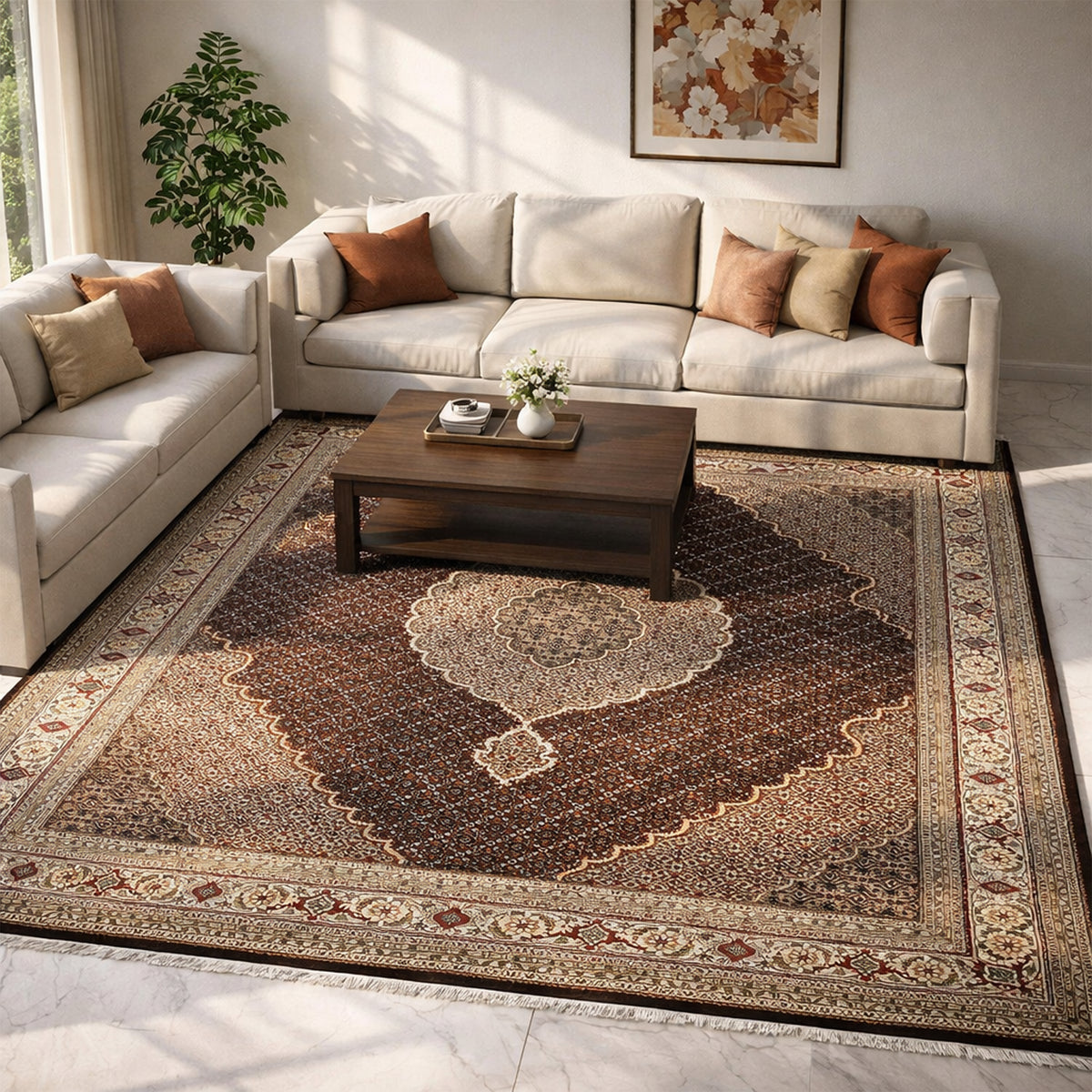 Superficie del tappeto in marrone scuro con grande medaglione color crema e bordo decorativo
