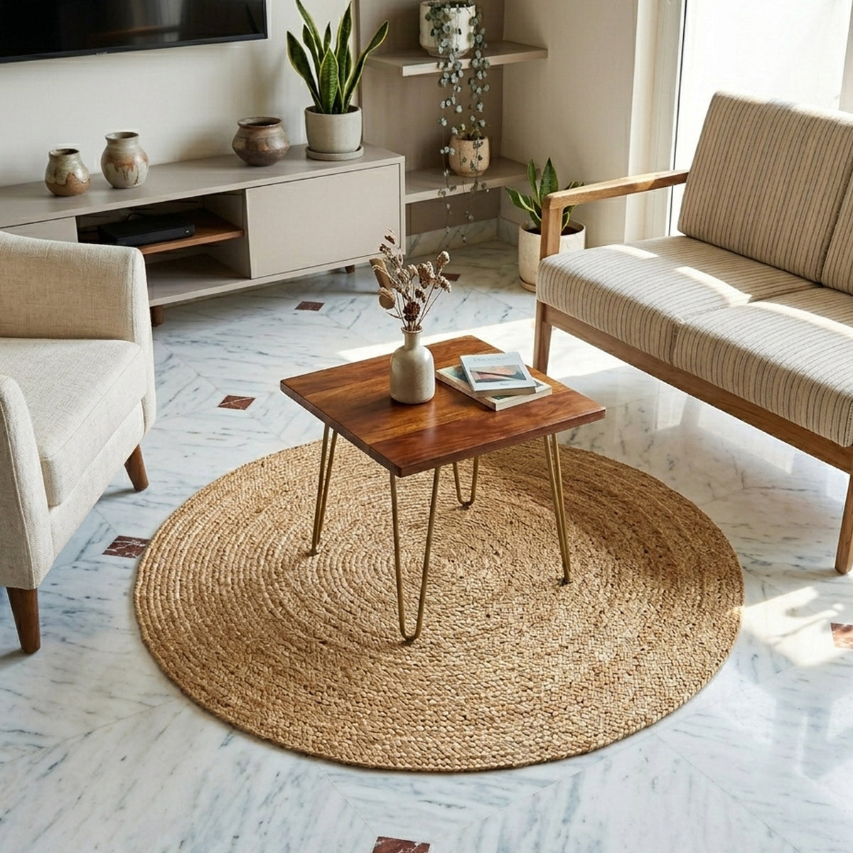 Tappeto rotondo in juta, color naturale, intrecciato, 80x80 cm