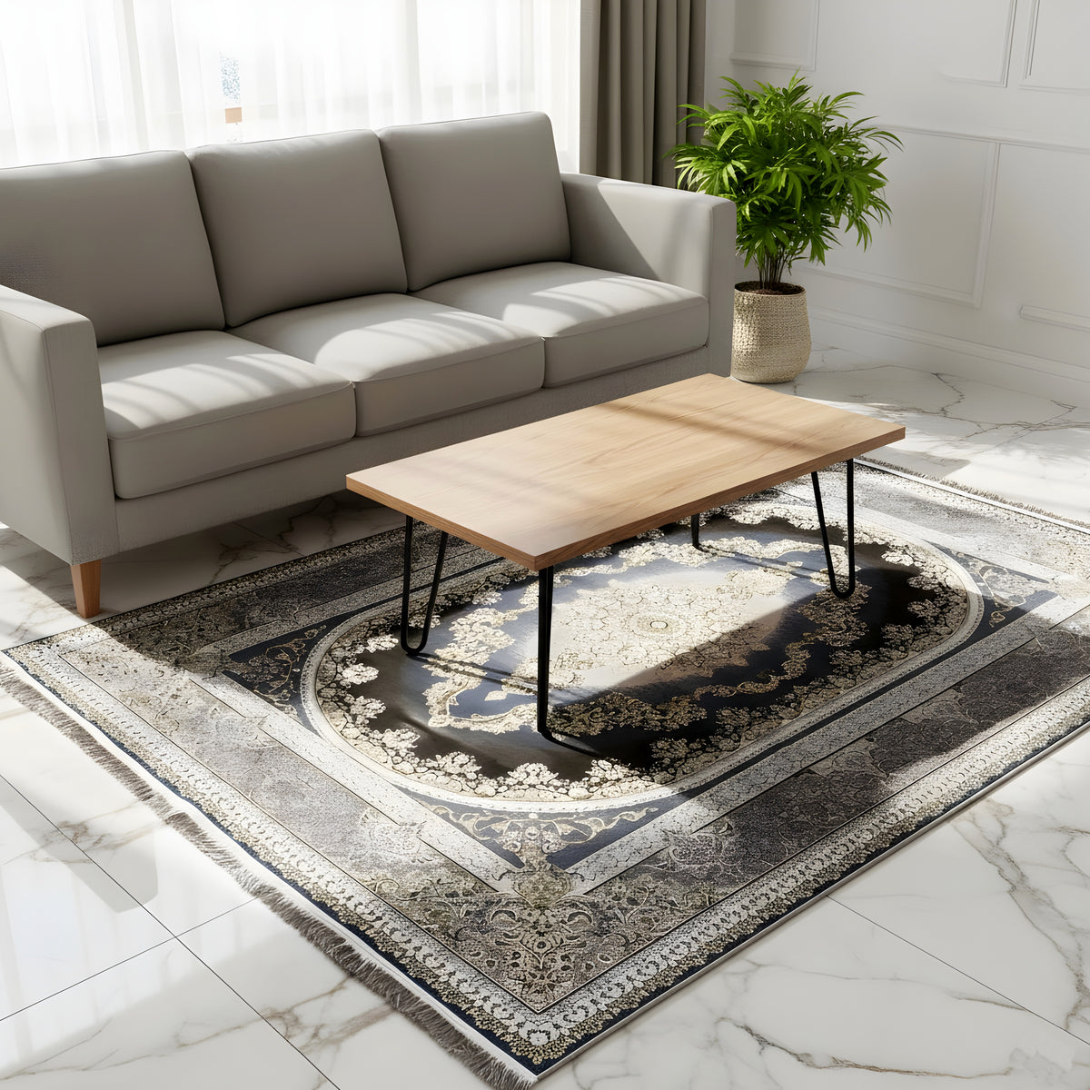 Tappeto 170x240 cm per il soggiorno: blu scuro con ornamenti e bordi barocchi dorati