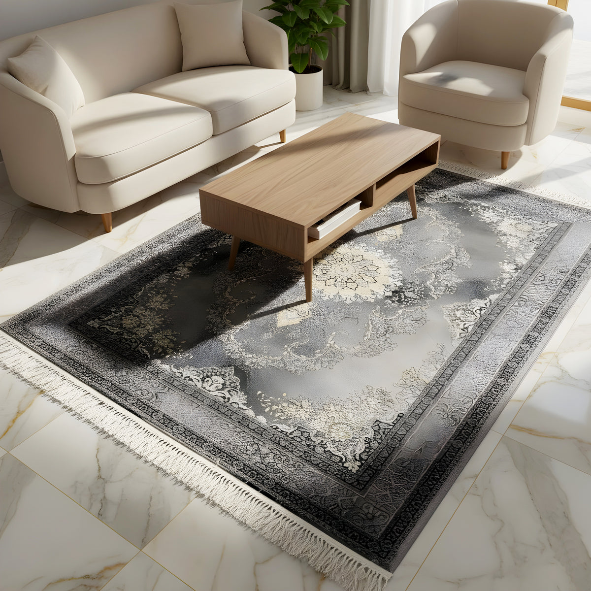 Tappeto Kashan su piastrelle chiare, motivo a medaglione grigio con cornice ornamentale e frange