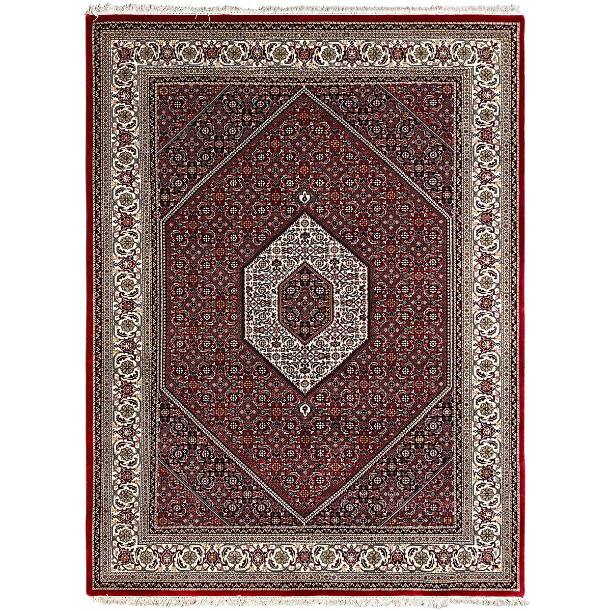 Tappeto Bidjar rosso con motivo a rombi, bordura decorativa e frange, ca. 244x173 cm