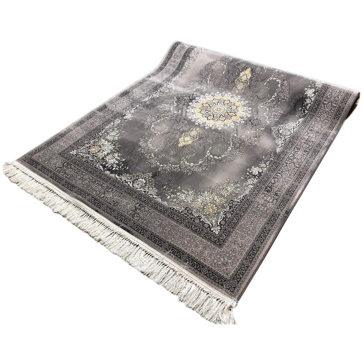 Tappeto Kashan 160x230 cm in grigio con motivo a medaglione e frange