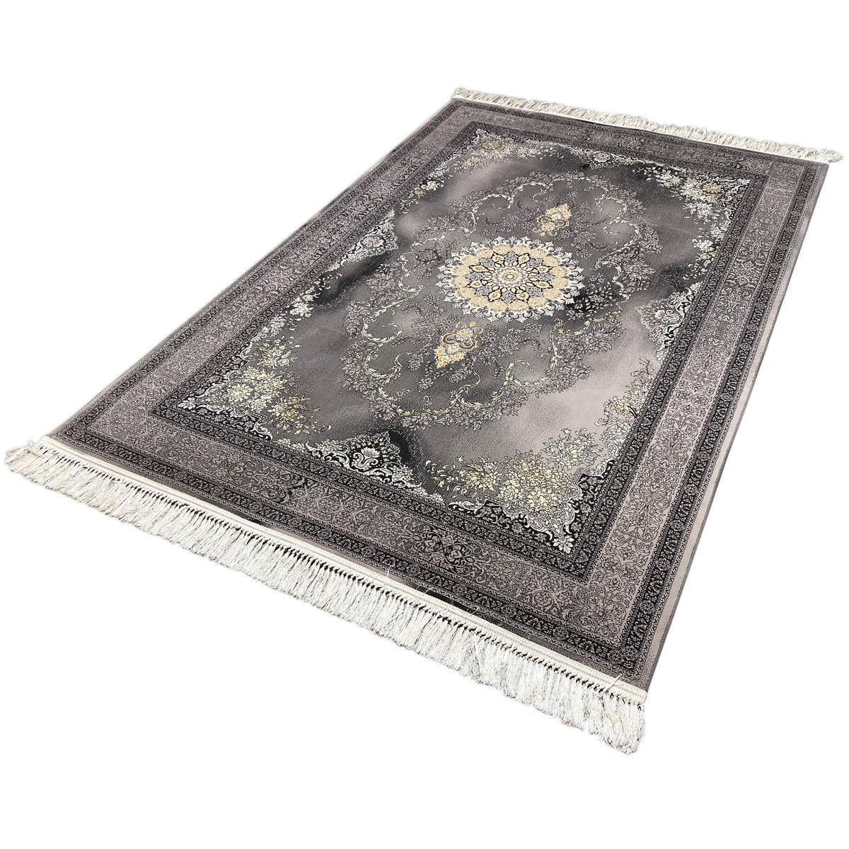 Tappeto Kashan 160x230 cm, motivo ornamentale grigio con accenti color oro