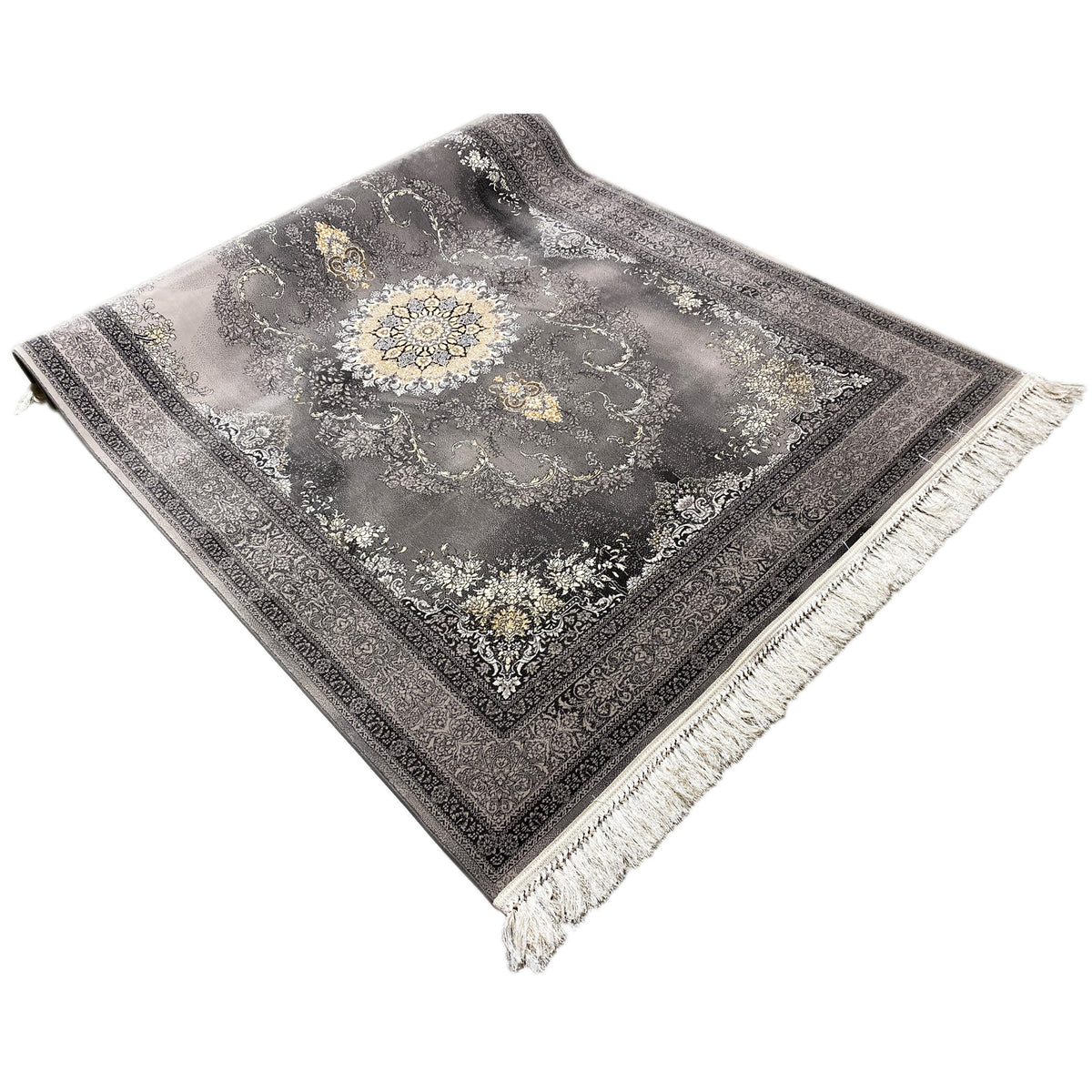 Vista d’angolo del tappeto Kashan 160x230 cm: medaglione grigio, bordo scuro a contrasto