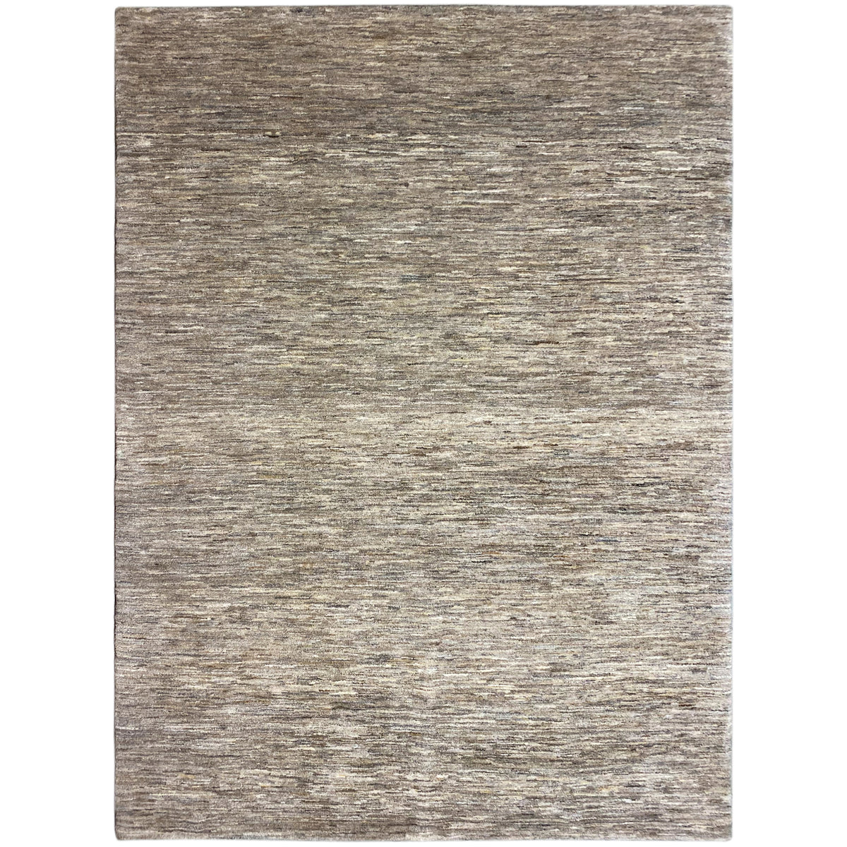 Tappeto Gabbeh, vista frontale: superficie rettangolare grigio-beige melangiata con trama fine
