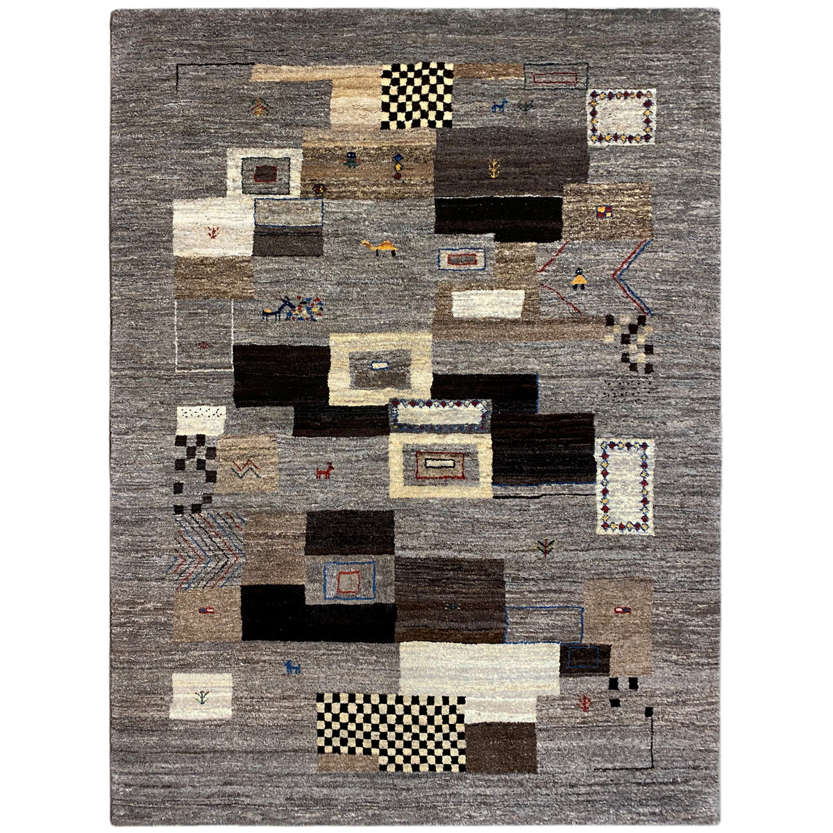 Tappeto Gabbeh 235x171 cm, forme geometriche in grigio, nero e beige