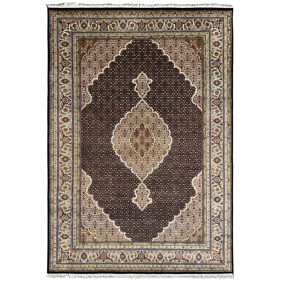 Tappeto Indo-Tabriz marrone, rettangolare, campo scuro con medaglione bianco-beige