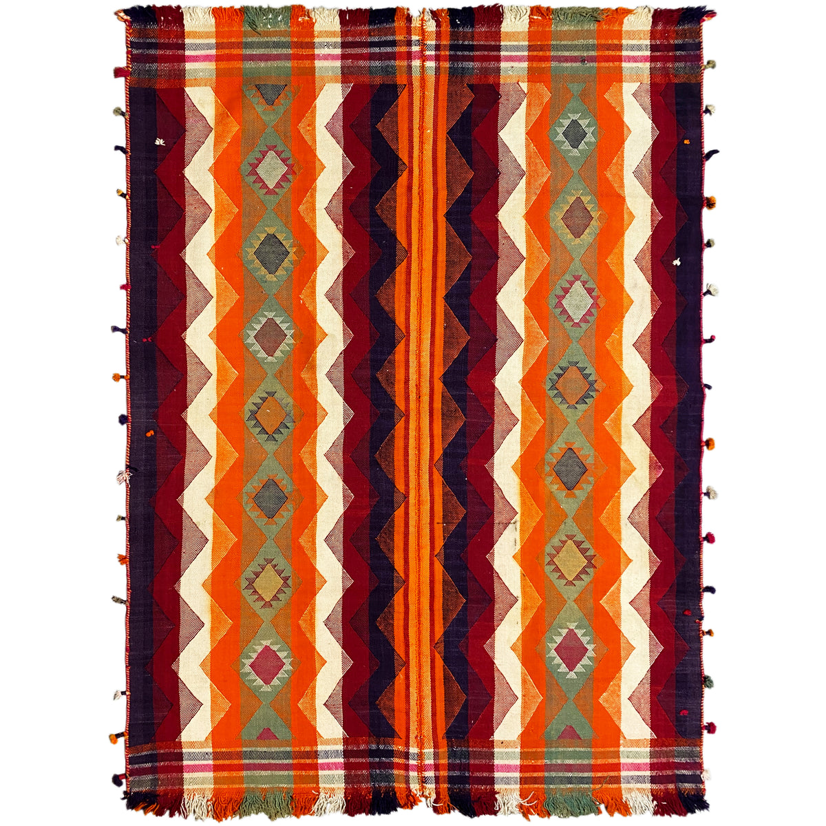 Tappeto Jajim rettangolare con frange, a righe con zigzag e rombi