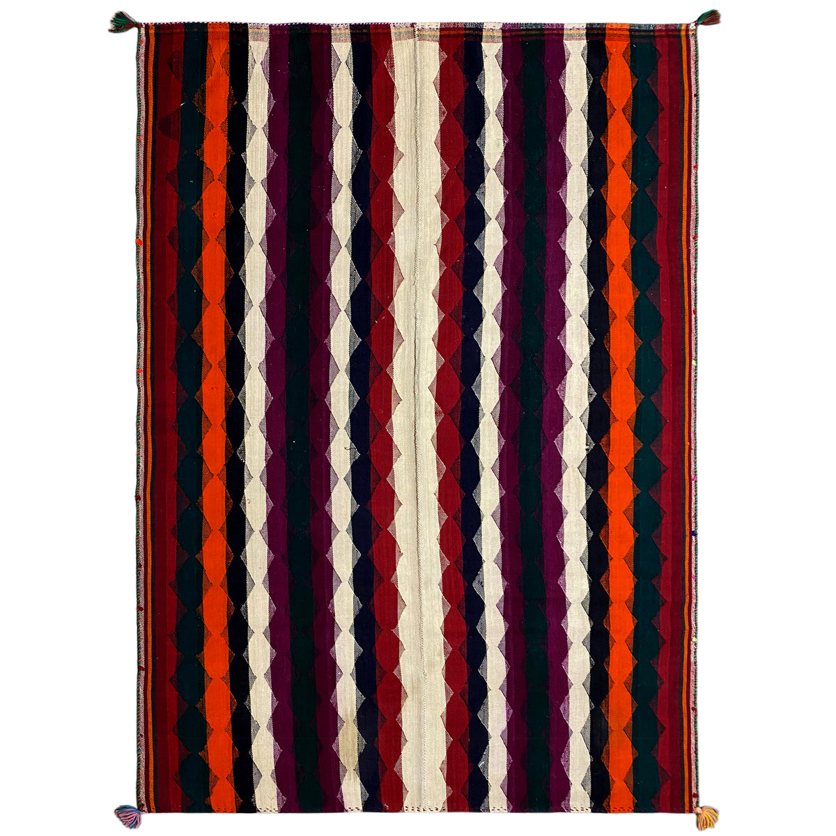 Tappeto jajim variopinto con strisce verticali in viola, arancione, blu scuro e crema