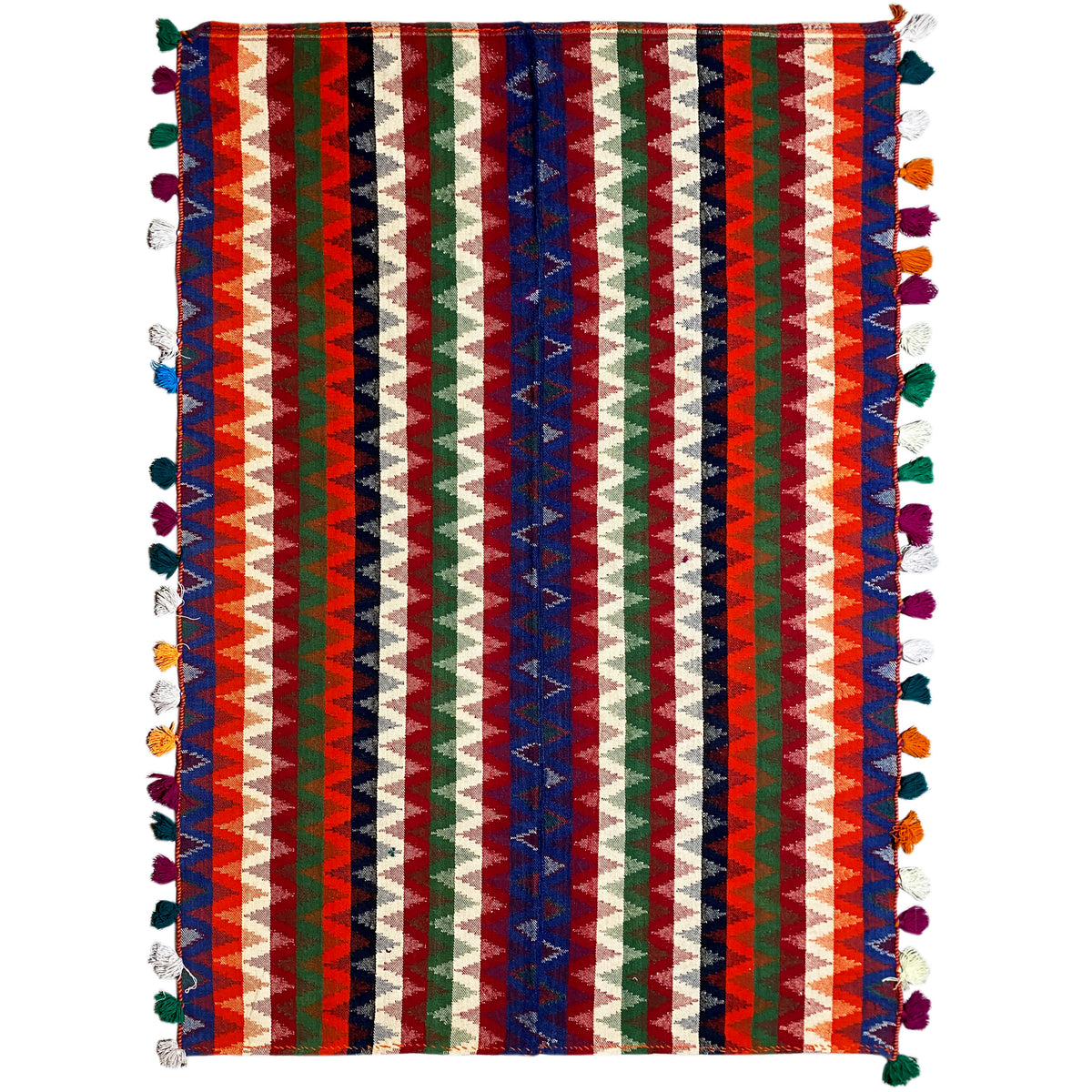 Tappeto rettangolare in juta con strisce multicolori e nappe variopinte sui bordi