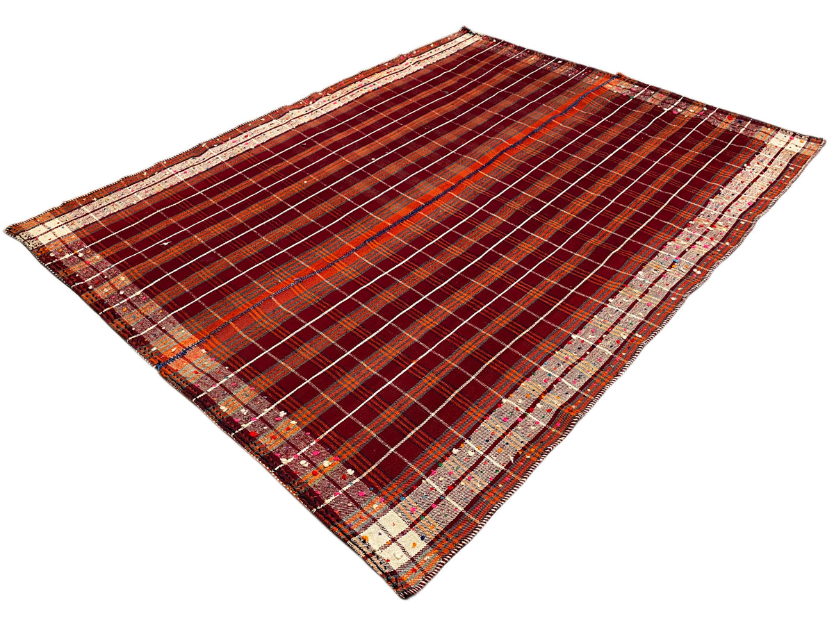 Tappeto Jajim rosso-bruno con delicato motivo a quadri e ampio bordo decorativo