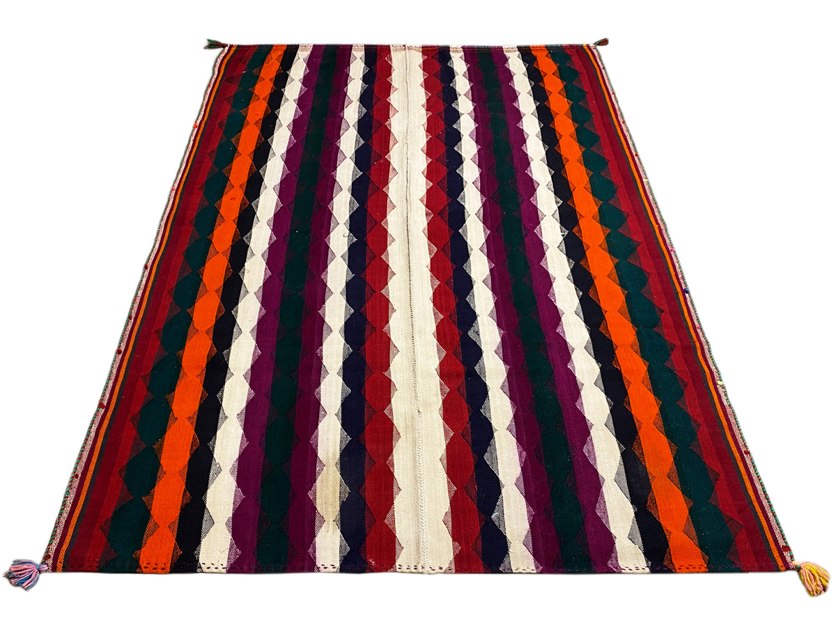 Tappeto Jajim variopinto con strisce diagonali in arancione, viola, blu scuro e crema