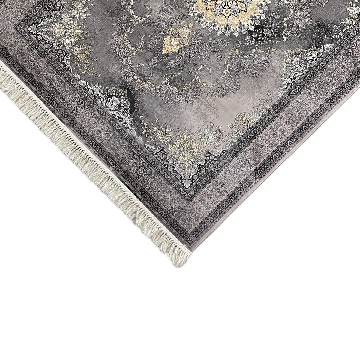 Vista angolare del tappeto Kashan 160x230 cm con frange e bordo ornamentale