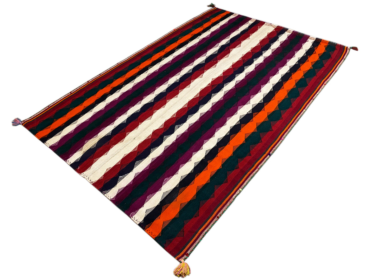 Tappeto Jajim variopinto con motivo a strisce diagonali in viola, arancione, blu scuro e crema