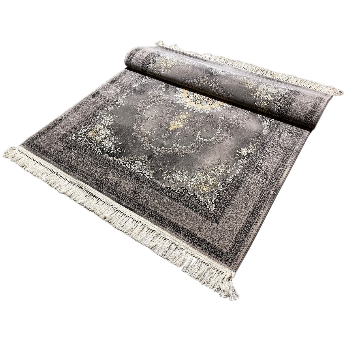 Tappeto Kashan 160x230 cm srotolato, motivo grigio con medaglione color oro