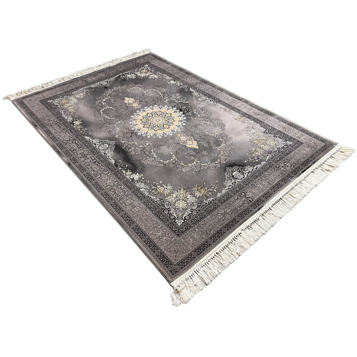 Tappeto Kashan 160x230 cm, prospettiva triangolare: campo ornamentale grigio con frange