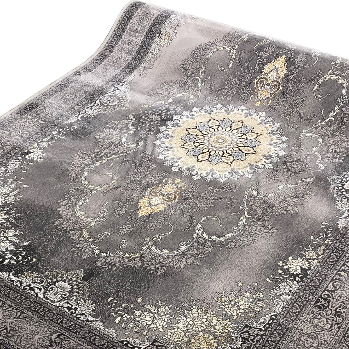 Tappeto Kashan con medaglione, vello grigio e motivi ornamentali decorativi color oro e bianchi
