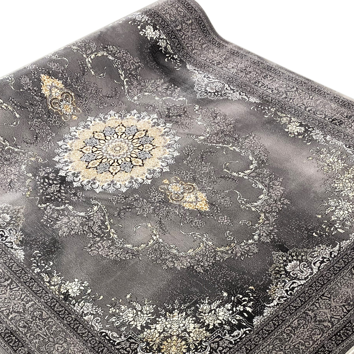 Tappeto Kashan con motivo a medaglione in grigio, accenti dorati e bianchi e bordo ornamentale