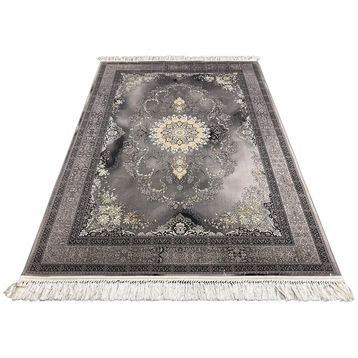 Tappeto Kashan rettangolare grigio con medaglione centrale, cornice ornamentale e frange