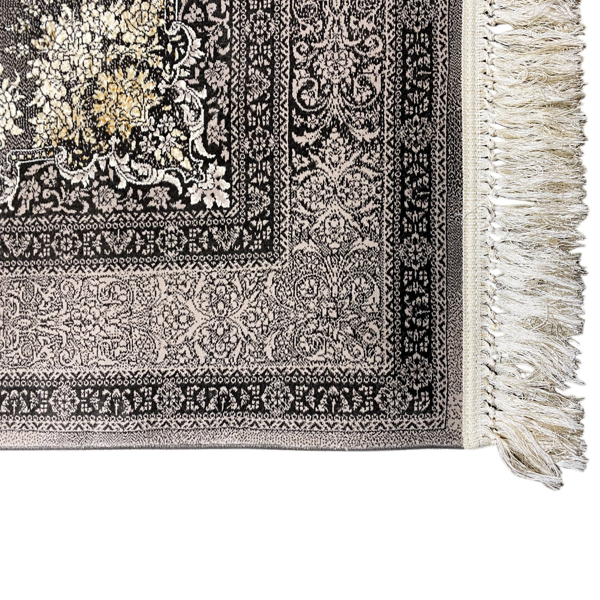 Bordo di tappeto Kashan con frange: vello nero con motivo bianco e dorato