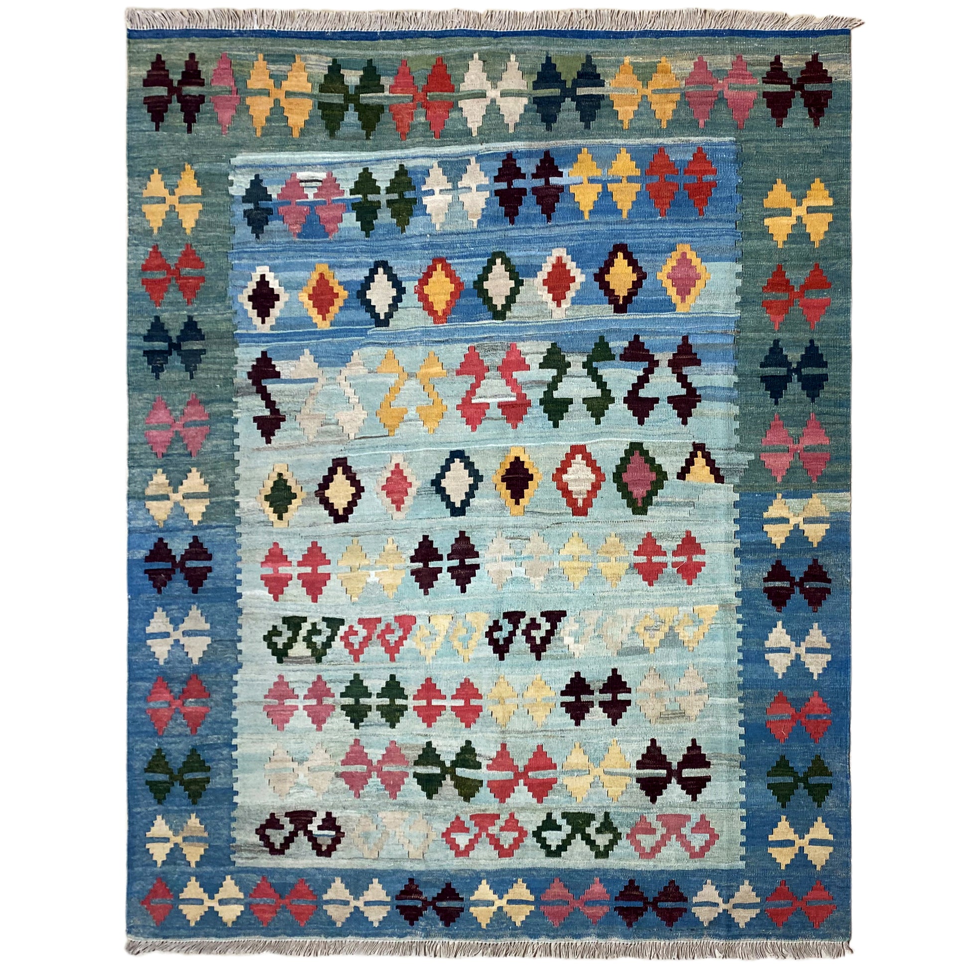 Handgewebter Kelim Qashqai Teppich in Blau 199x158 cm aus Naturwolle