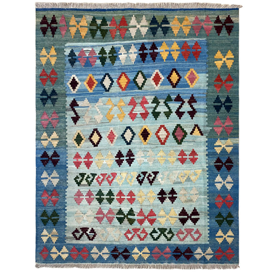 Handgewebter Kelim Qashqai Teppich in Blau 199x158 cm aus Naturwolle