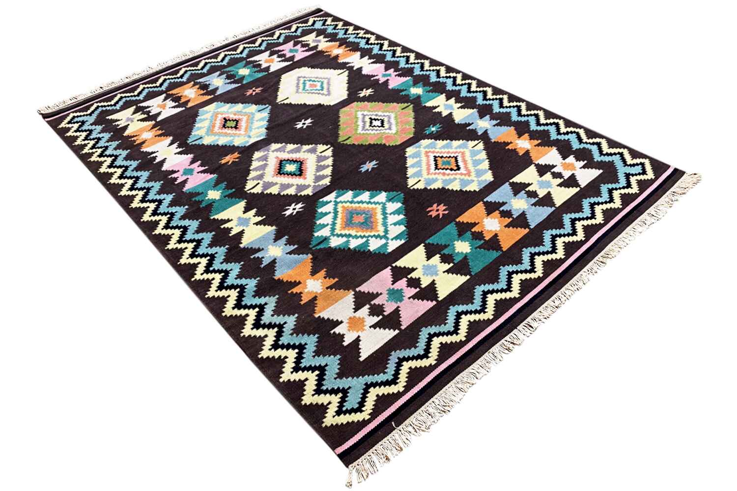 Großer Indischer Kelim Dhurrie - 240x170cm (8x6ft) - Handgefertigt & Gemütlich - German Carpet Shop