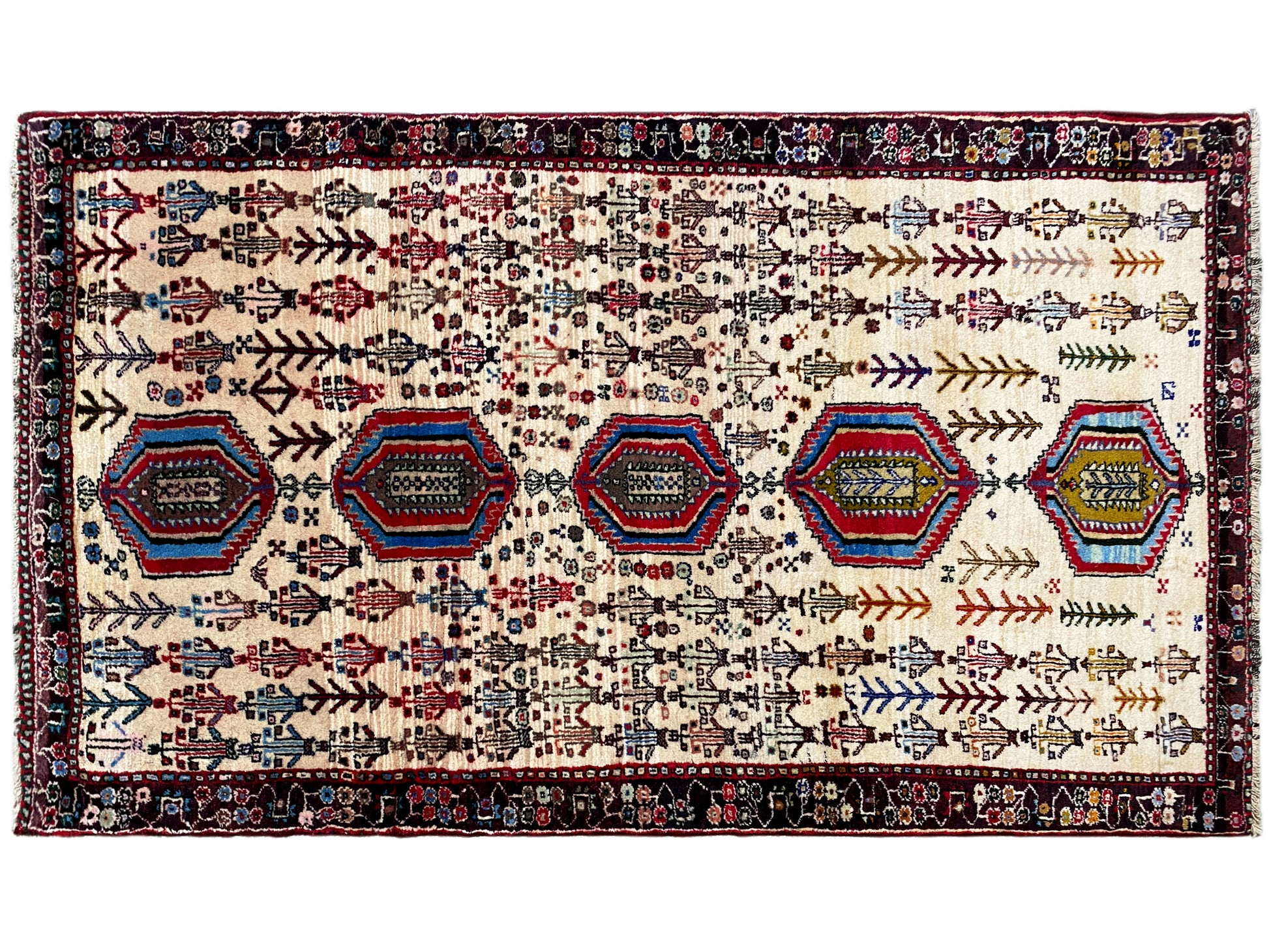 Salon Oriental Baluch Teppich cremefarbene Wolle geometrische Formen