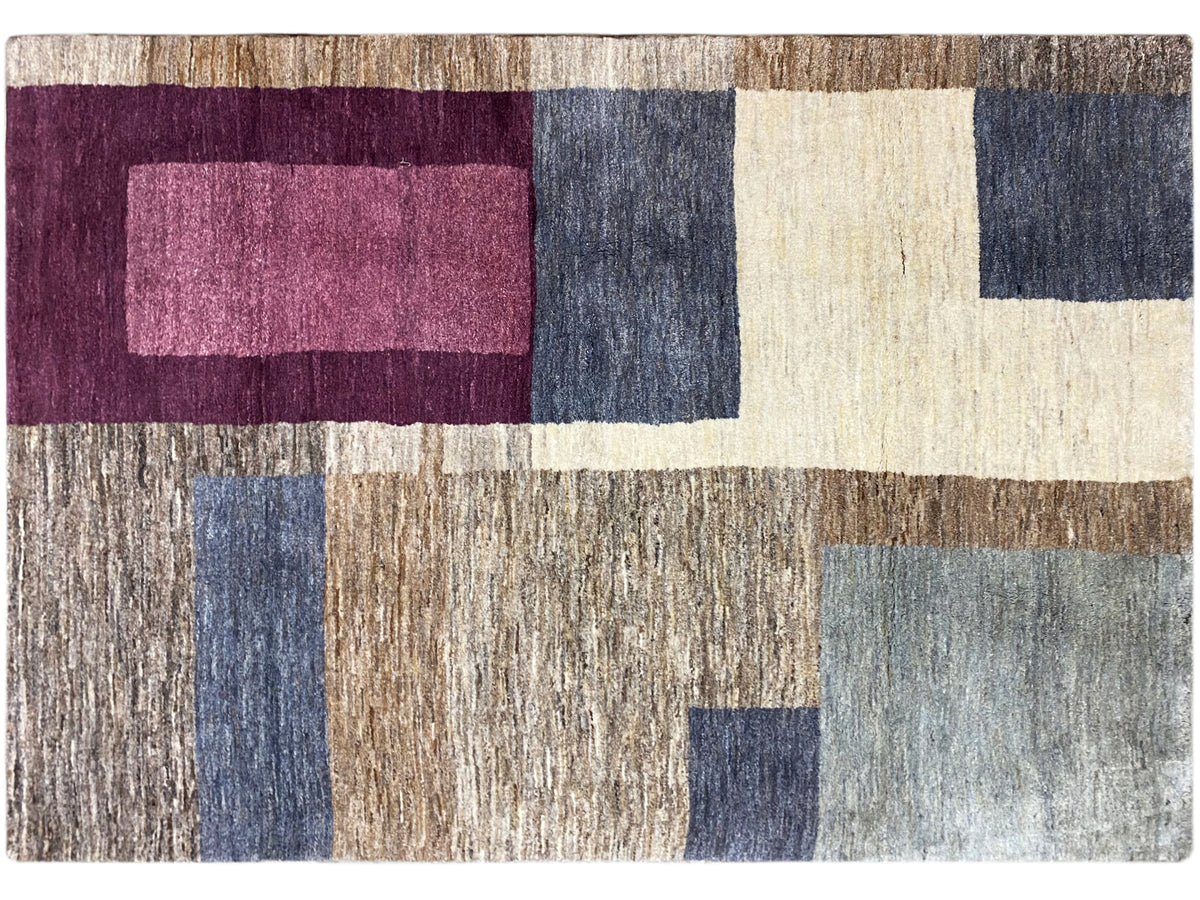 Gabbeh-Teppich mit geometrischem Muster aus Rechtecken in Blau, Beige und Bordeaux