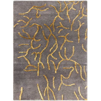 Designer-Teppich 91x62 cm, grauer Teppich mit gelbem Ornament im Musterbild