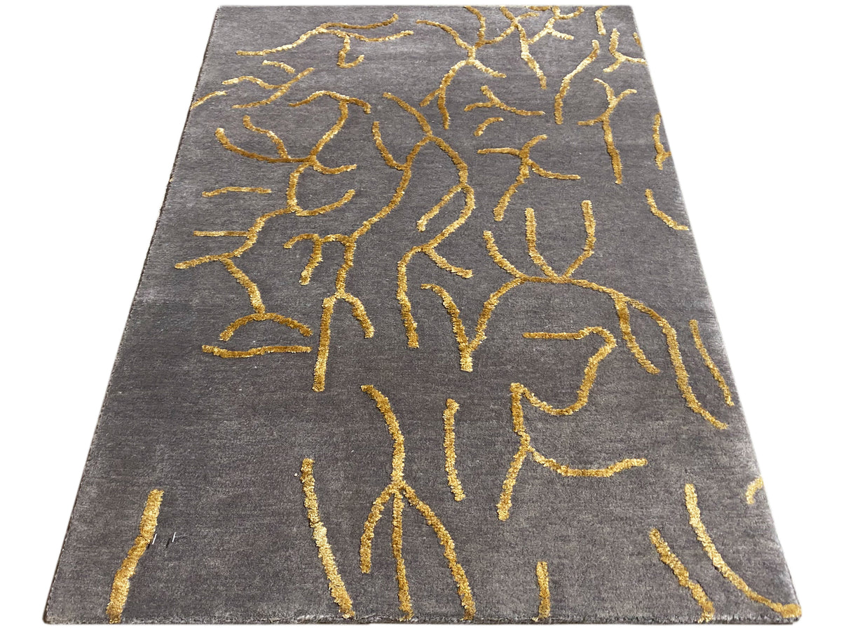 Designer-Teppich 91x62 cm, grauer Flachgewebe mit gelber Ornamentstickerei
