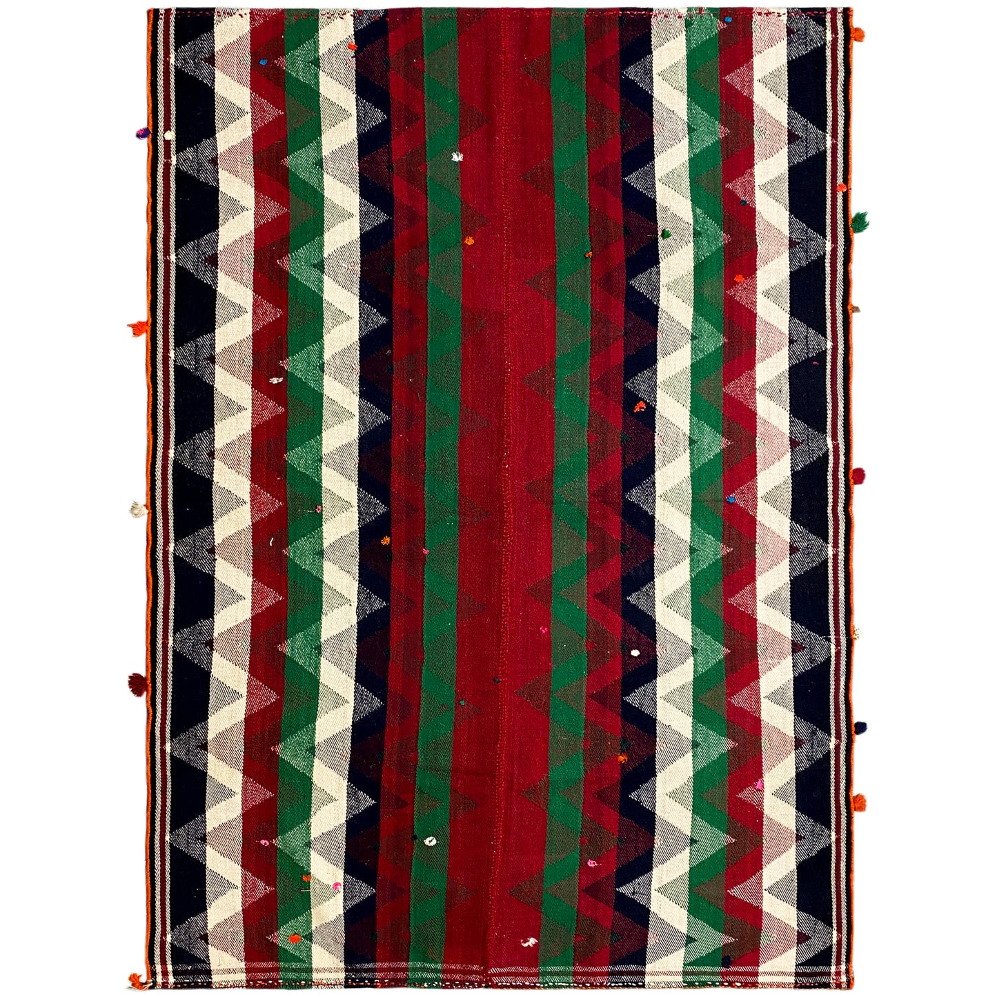 Wohnzimmer Jajim Teppich in Rot und Grün handgewebt mit geometrischem Zickzackmuster