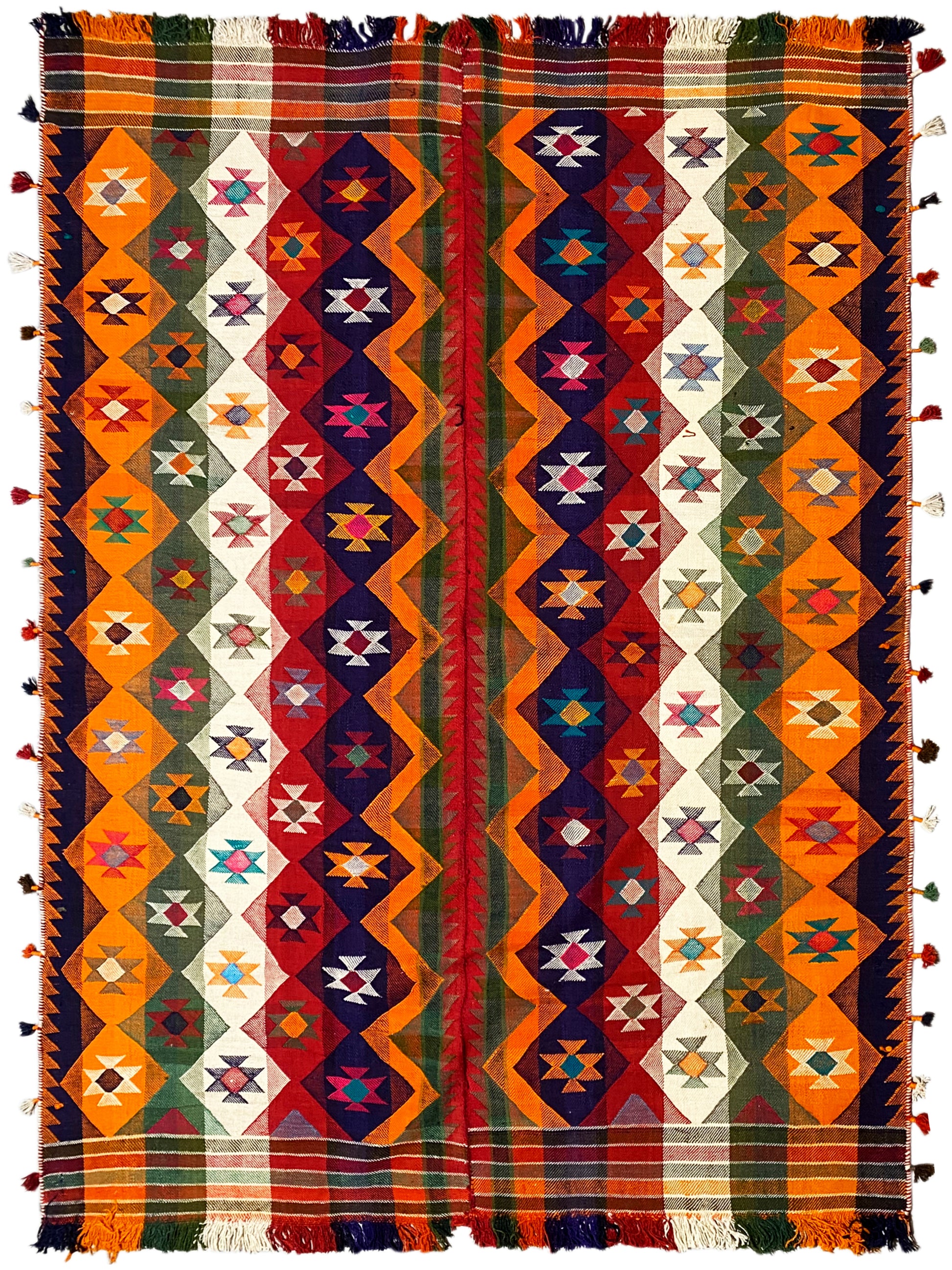 Schlafzimmer Jajim Teppich bunt mit auffälligem geometrischem Muster