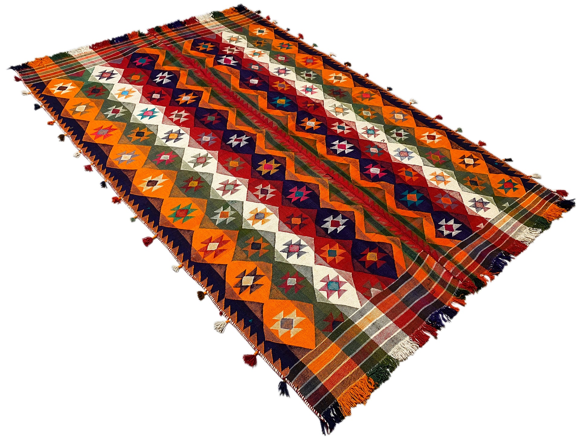 Wohnzimmer dekorativer Jajim Teppich bunt gewebt mit geometrischen Farben