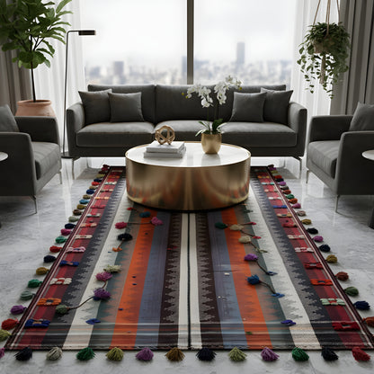 Schlafzimmer farbenfroher Jajim Wollteppich mit Boho-Stil und lebendigen Streifen