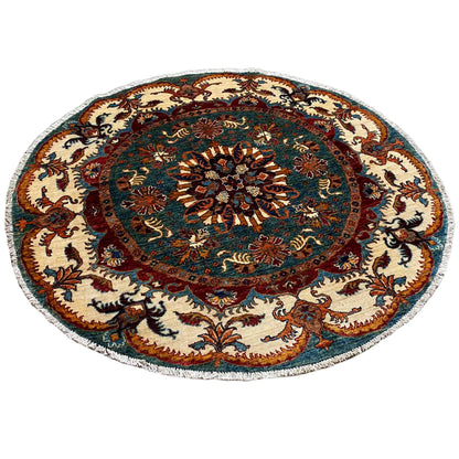 Blaugrüner & Beiger Runder Kazak Teppich, 150x145 cm - German Carpet Shop