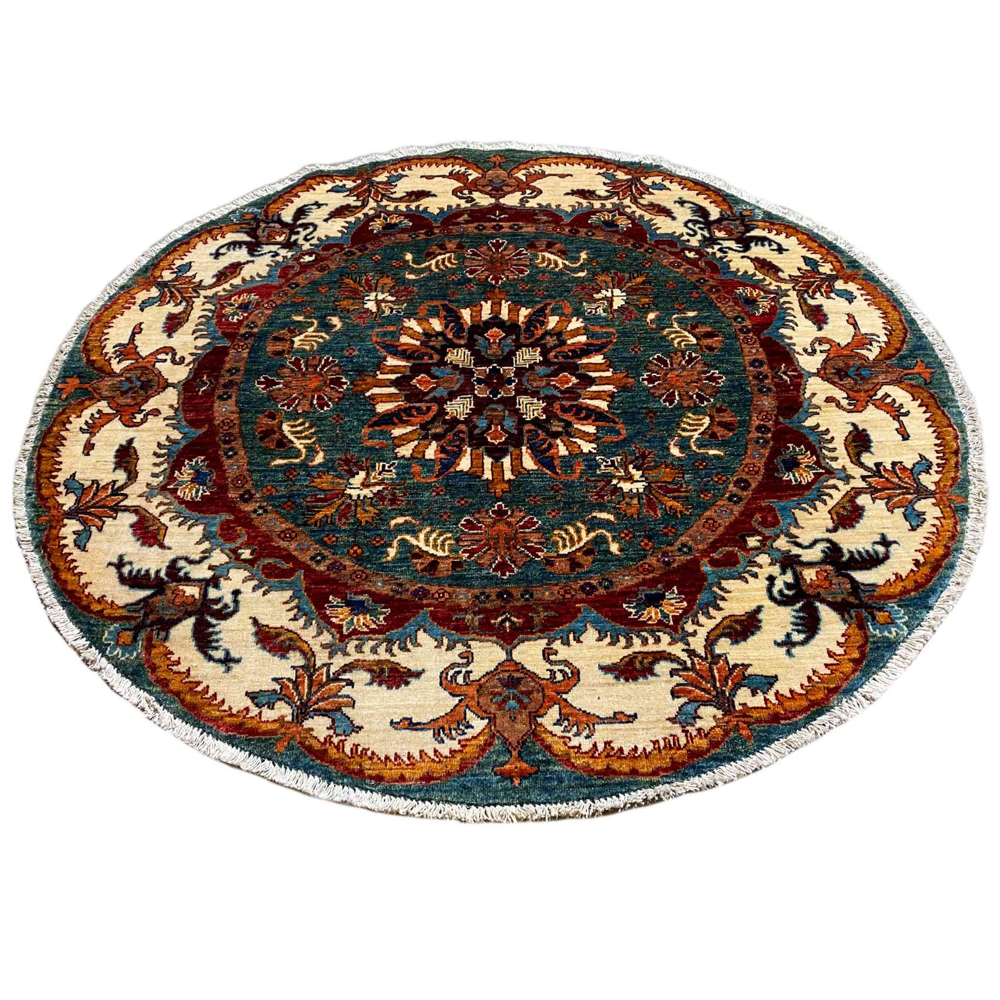 Blaugrüner & Beiger Runder Kazak Teppich, 150x145 cm - German Carpet Shop