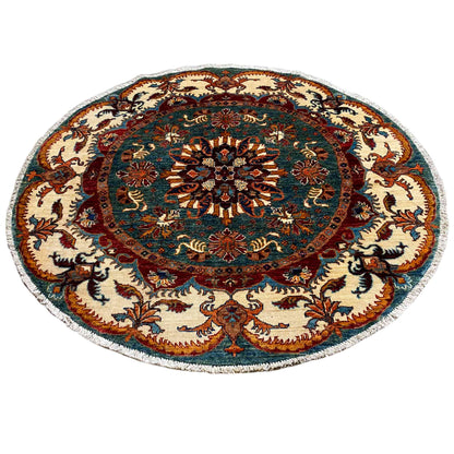 Blaugrüner & Beiger Runder Kazak Teppich, 150x145 cm - German Carpet Shop
