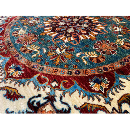 Blaugrüner & Beiger Runder Kazak Teppich, 150x145 cm - German Carpet Shop