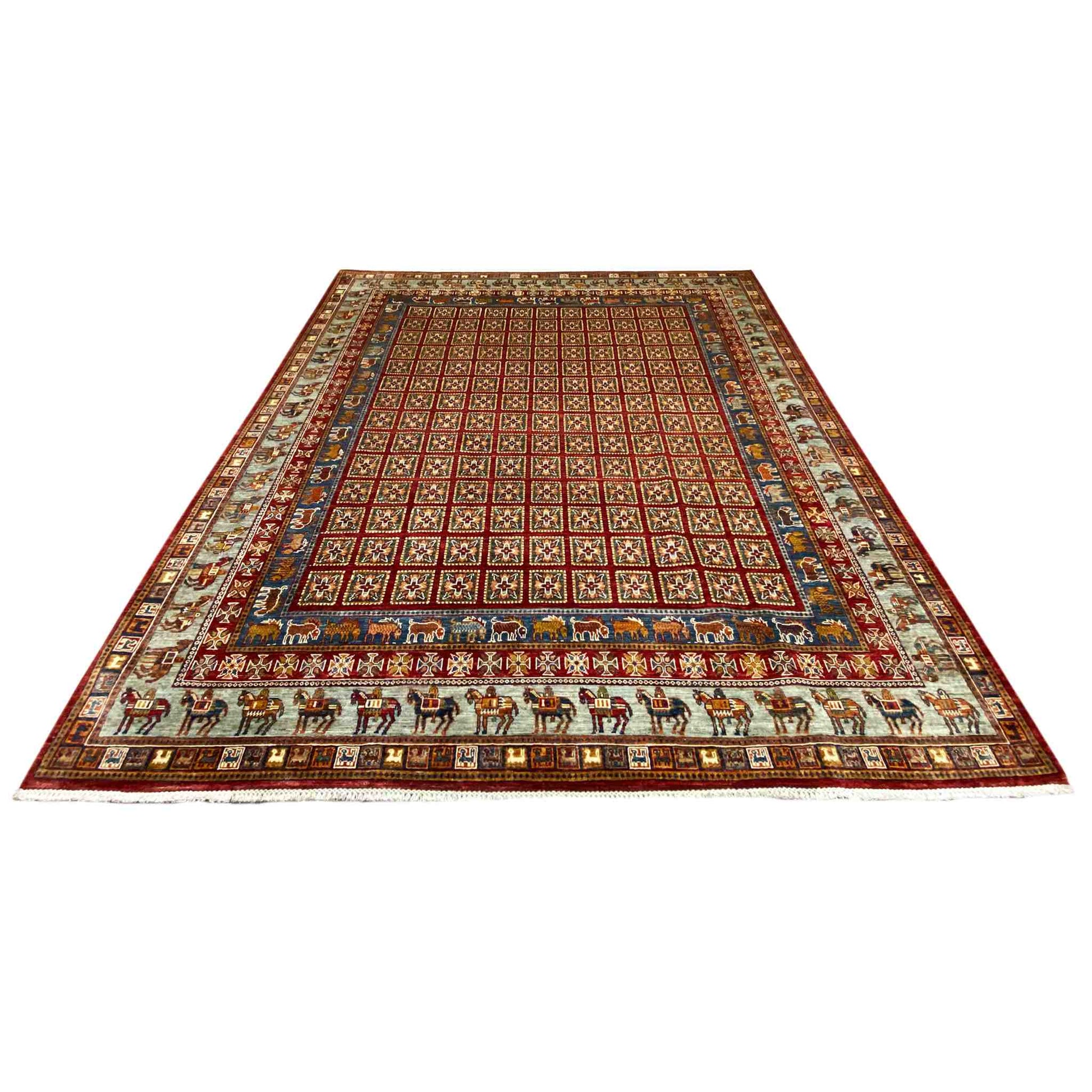 Khorjin Teppich - Geometrisches Paneel, Reiches Rot & Stammesbordüren, 285x258 cm - German Carpet Shop