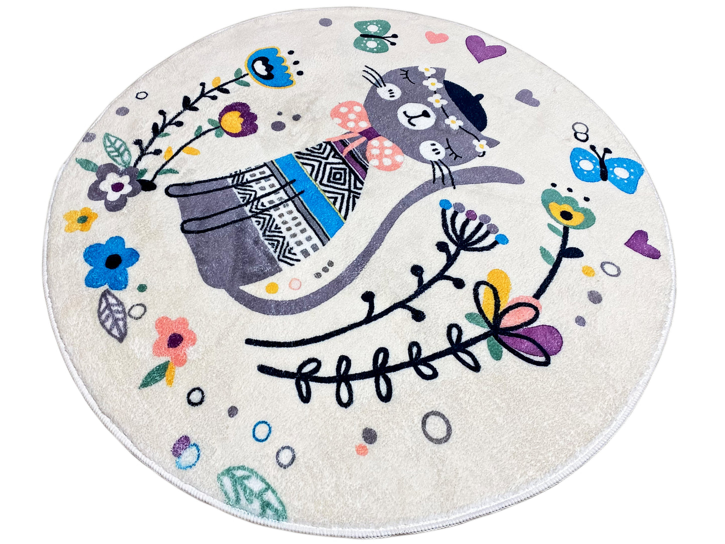 Tappeto rotondo per bambini Gatto, bianco, 100 cm