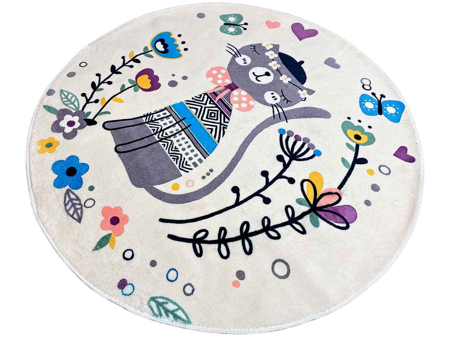Tappeto rotondo per bambini Gatto, bianco, 120 cm